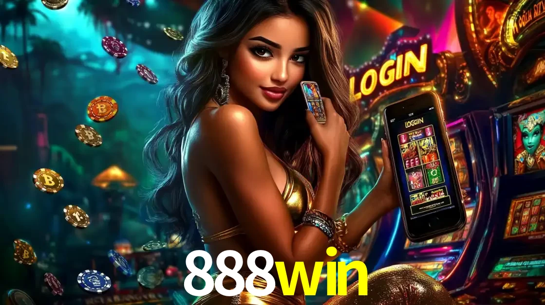 Mulher em um cenário de cassino temático de aventura, mostrando o app de caça-níqueis da 888win no celular. Fichas de apostas flutuam ao redor.