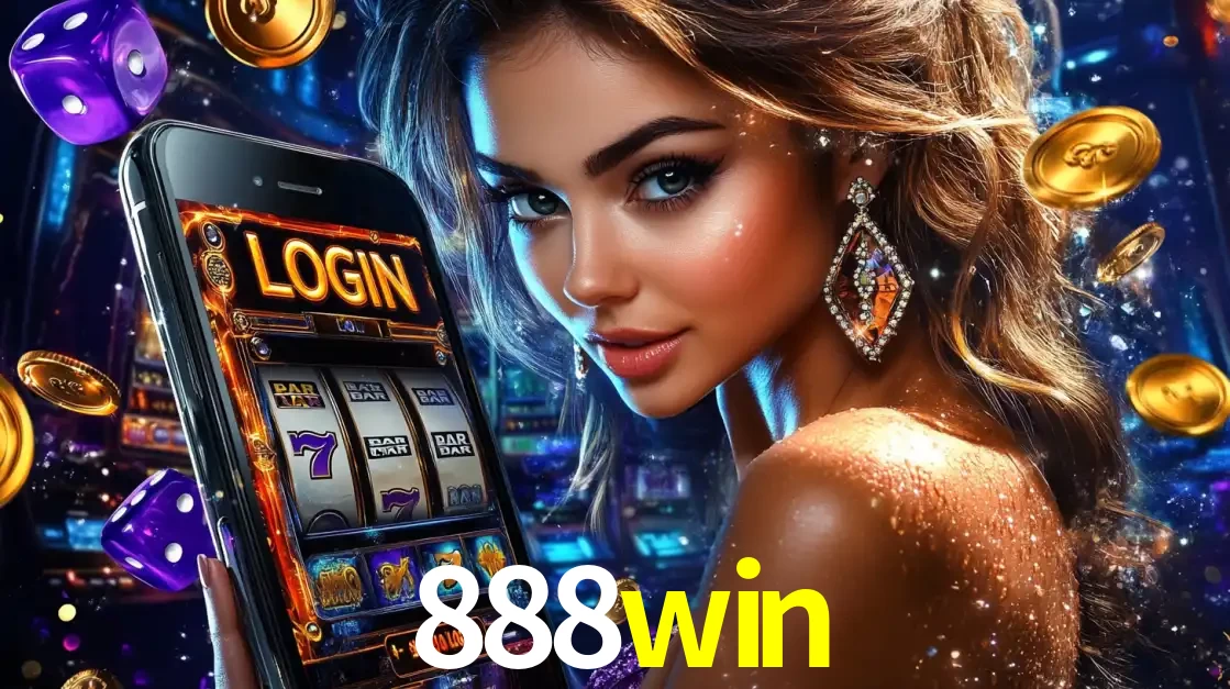 Mulher glamorosa segurando um smartphone com a tela de login para os jogos de caça-níqueis do cassino online 888win, com moedas de ouro e dados ao redor.
