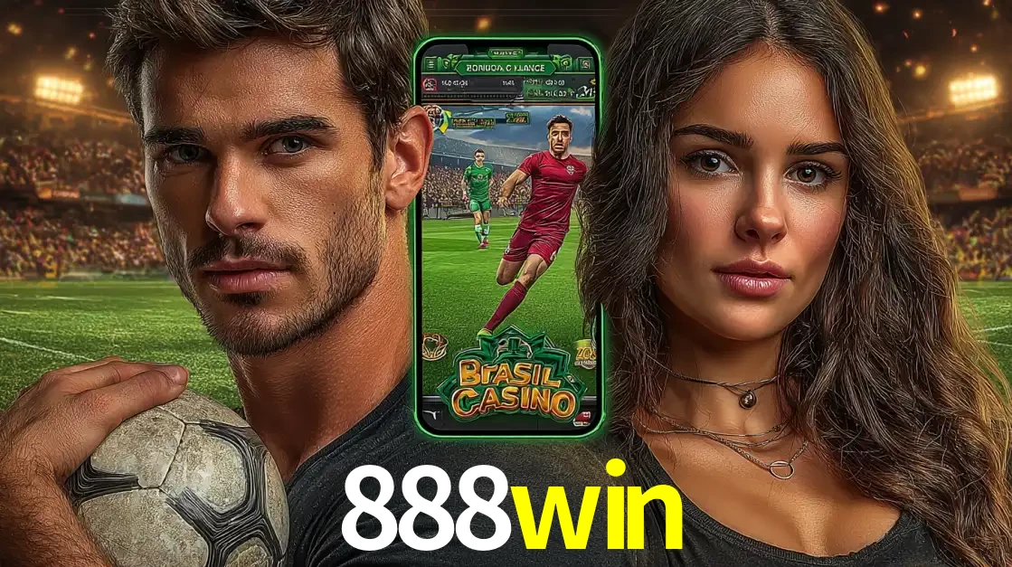 Homem segurando uma bola de futebol e uma mulher ao lado de um smartphone exibindo o jogo de apostas esportivas da 888win. Faça seu palpite no cassino online.